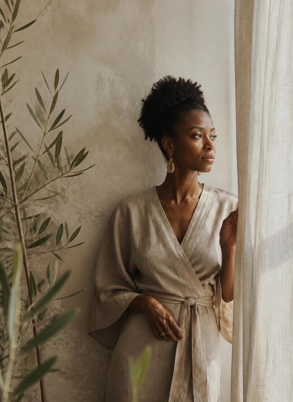 Mulher negra observando a janela em uma manhã de luz suave